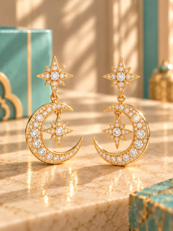 Gold plated crescent and star drop earrings