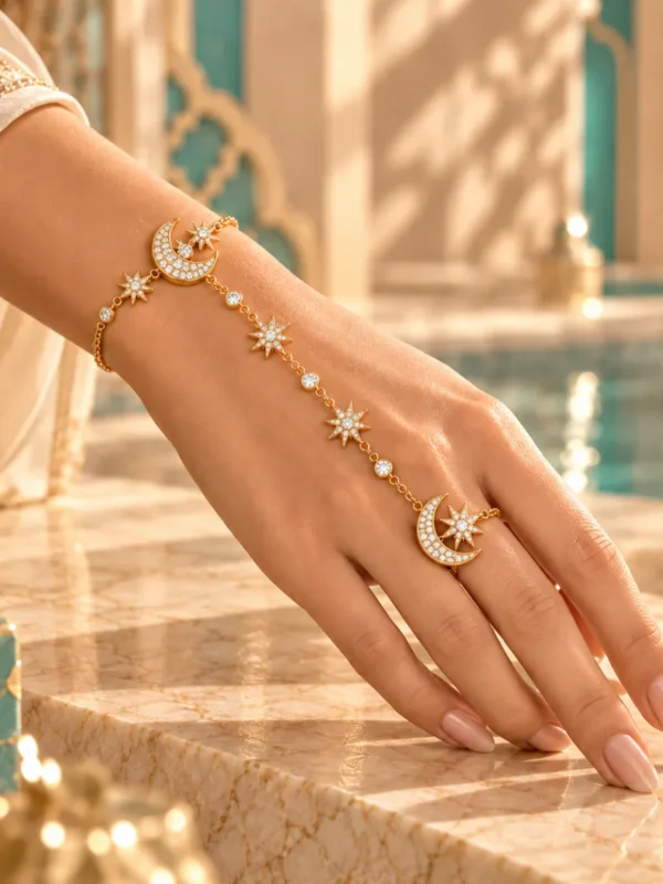 Gold plated crescent and star hand chain