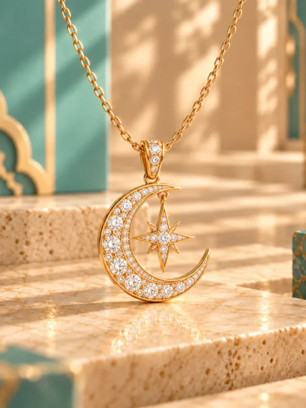 Gold plated crescent and star pendant necklace
