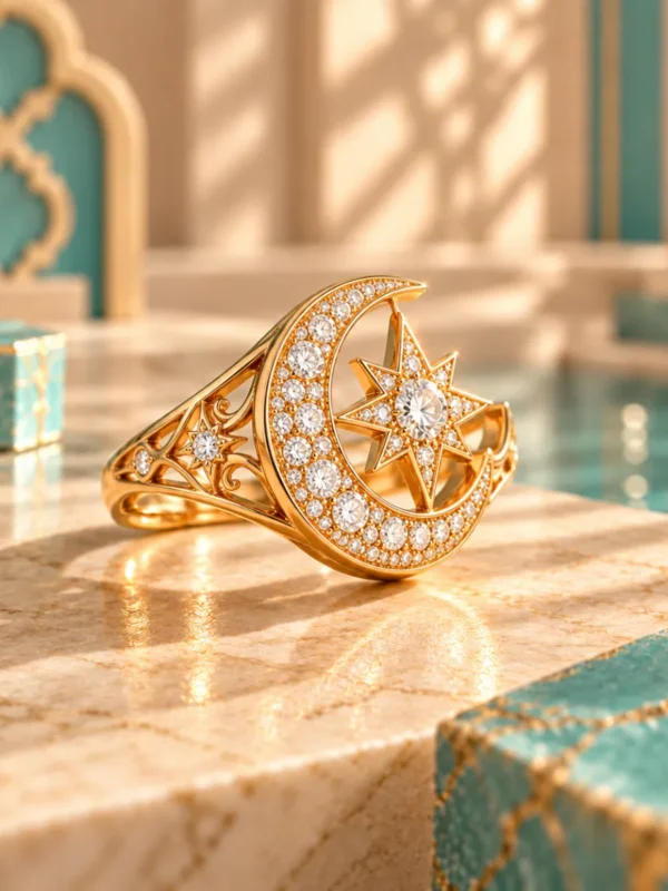 Gold plated crescent and star ring