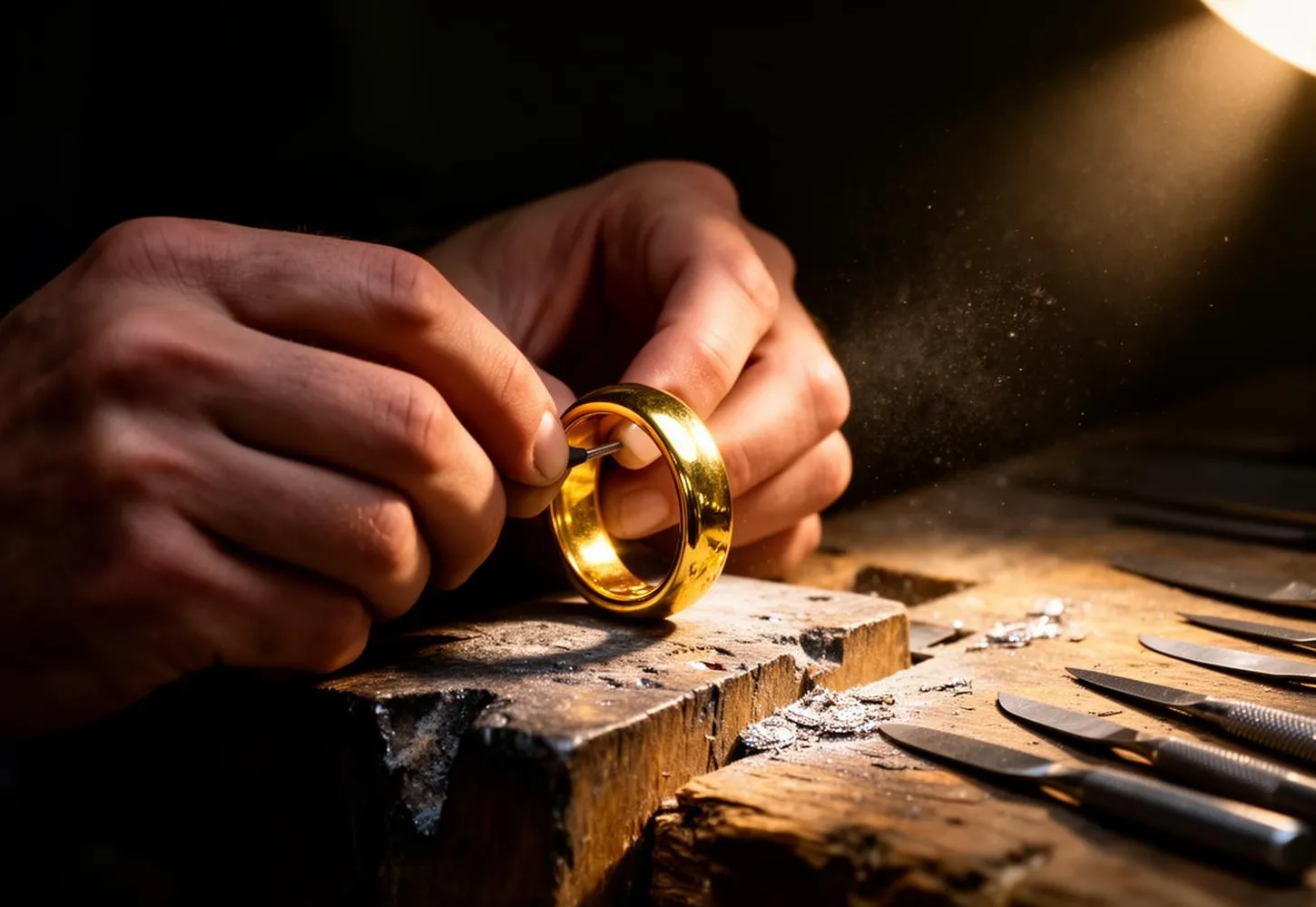 Jeweler handcrafting a gold ring at the workbench
