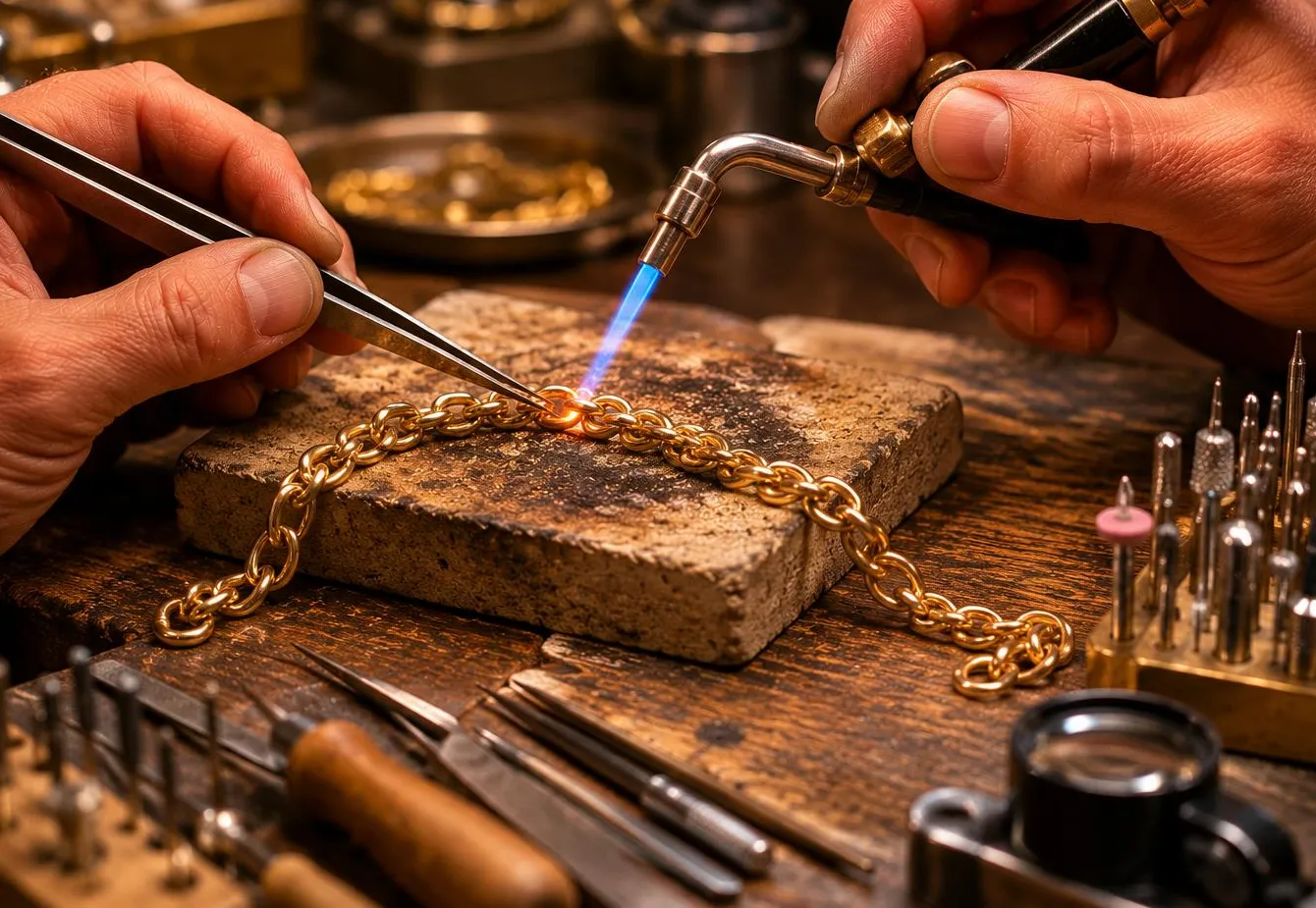 Jeweler soldering a gold chain
